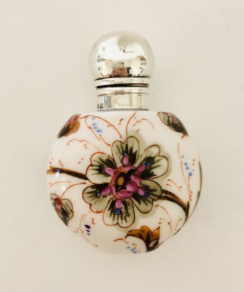 Victorian Painted Porcelain Scent Bottle with Solid Silver Top