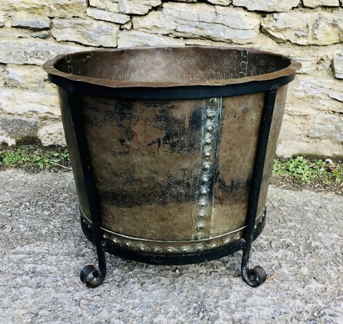 Large Antique Riveted Copper Boiler in Metal Stand