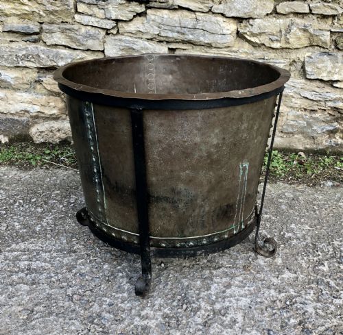fig 1. Large Antique Riveted Copper Boiler in Metal Stand