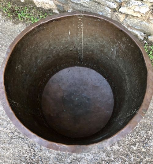 fig 2. Large Antique Riveted Copper Boiler in Metal Stand