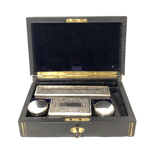Antique Fitted Vanity Box with Silver Plated Pots