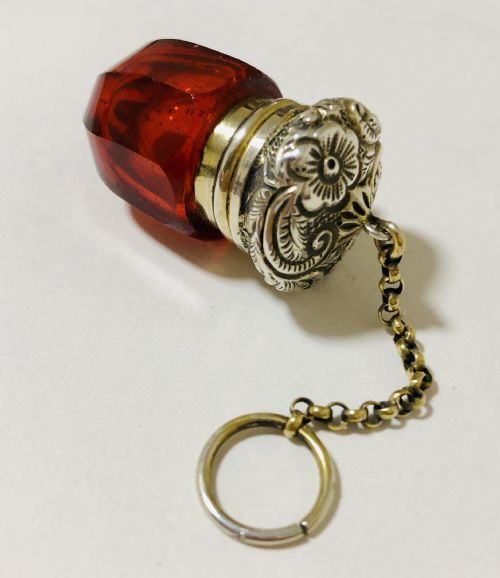 fig 2. Antique Glass Scent Bottle Vinaigrette with Silver Gilt Chatelaine Chain
