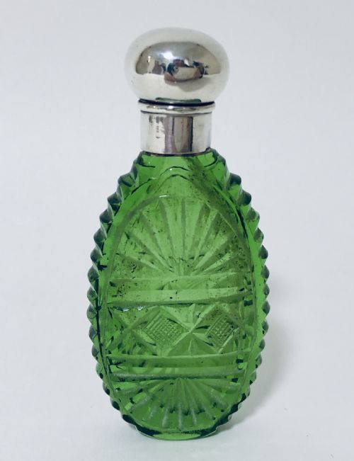 Antique Green Cut Glass Scent Bottle with Silver Top