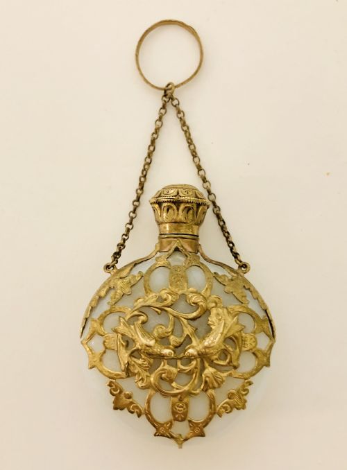 Antique Opaque Glass Scent Bottle Chatelaine with Silver Gilt Cage