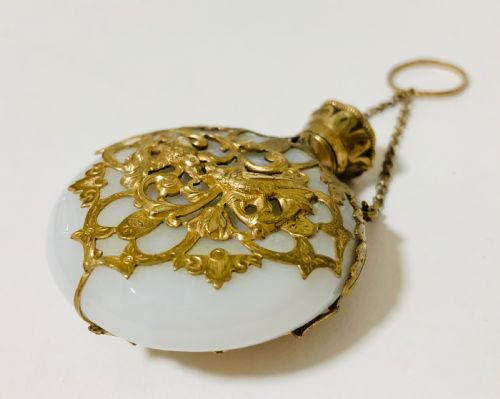 fig 1. Antique Opaque Glass Scent Bottle Chatelaine with Silver Gilt Cage