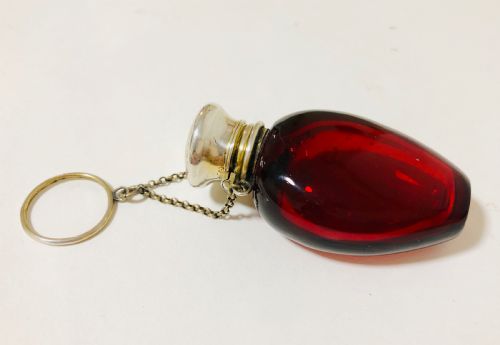 Antique Ruby Red Glass Silver Gilt Scent Bottle Chatelaine
