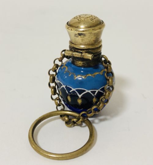 fig 1. Antique Blue Glass Gilt Painted Scent Bottle Chatelaine