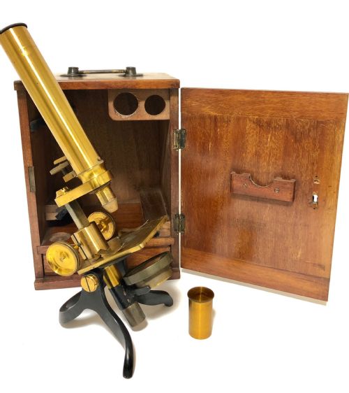 Antique Victorian Brass Bar Limb Microscope in Box