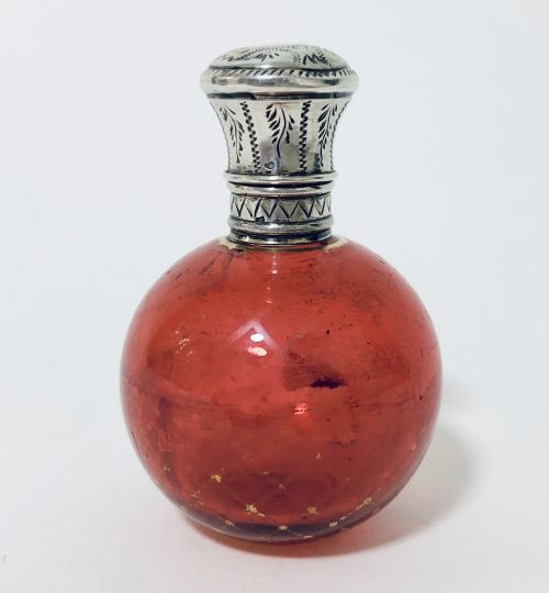 Antique Cranberry Red Bohemian Glass Scent Bottle with Silver Top