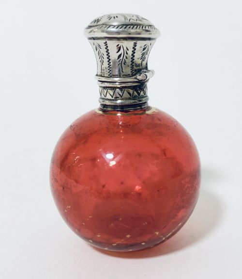 fig 1. Antique Cranberry Red Bohemian Glass Scent Bottle with Silver Top