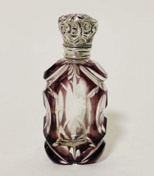 Antique Amethyst Purple Cut Glass Scent Bottle with Solid Silver Top