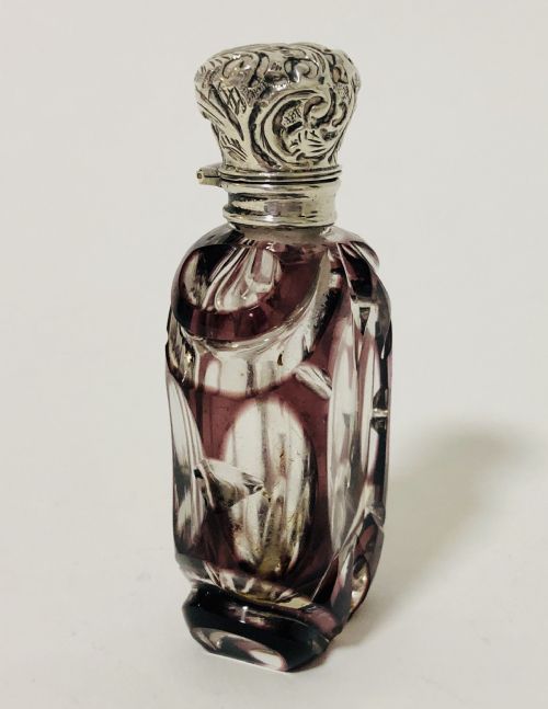 fig 1. Antique Amethyst Purple Cut Glass Scent Bottle with Solid Silver Top