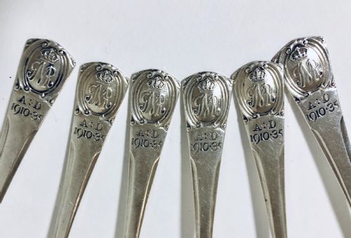 fig 1. Set of 6 Antique Solid Silver Spoons commemorating King George V Jubilee 1934