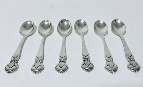 Set of 6 Antique Arts and Crafts Solid Silver Danish Spoons