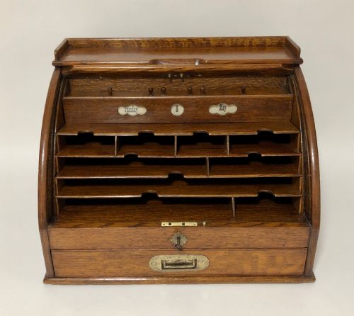 Antique Oak Tambour Front Desktop Stationery Cabinet