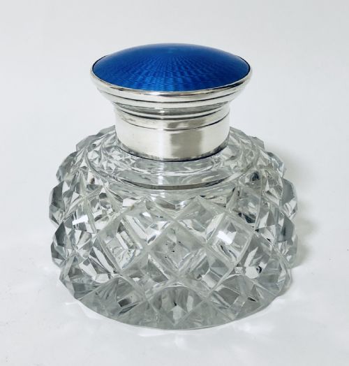Art Deco Silver and Guilloche Enamel Inkwell