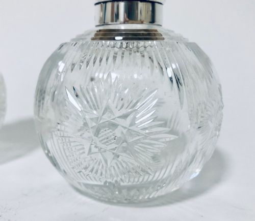 fig 1. Pair of Antique Cut Glass Scent Bottles with Silver Tops