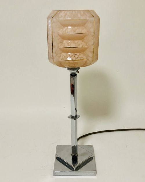Art Deco Chrome Table Lamp with Glass Shade