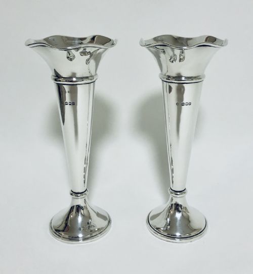 Pair of Antique Silver Trumpet Vases