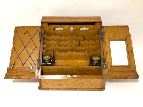 Antique Oak Desktop Stationery Cabinet with Calendar