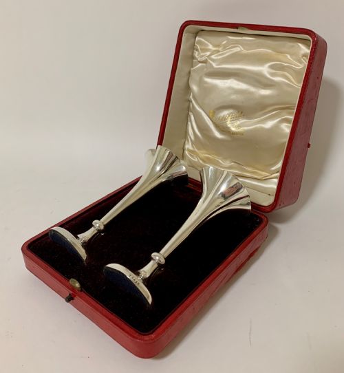 Pair of Antique Silver Trumpet Vases in Box