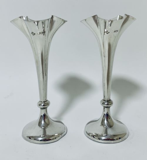 fig 1. Pair of Antique Silver Trumpet Vases in Box