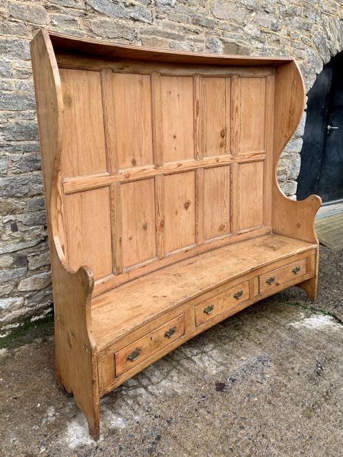 fig 1. Large Antique High Back Curved Pine Settle