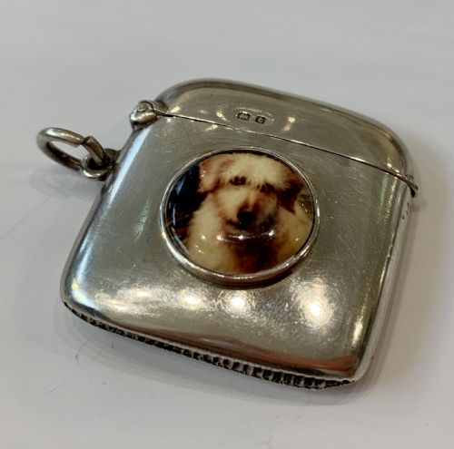 Antique Silver Vesta Case with Enamel Dog