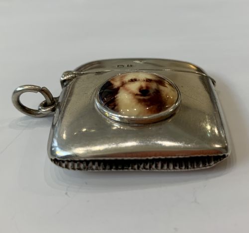 fig 1. Antique Silver Vesta Case with Enamel Dog