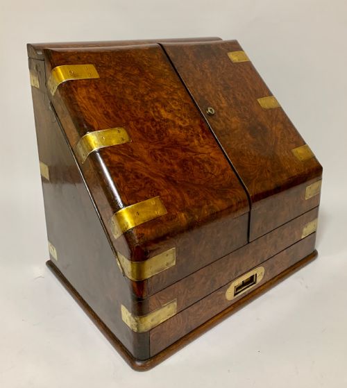 Victorian Burr Walnut Brass Bound Desktop Stationery Cabinet