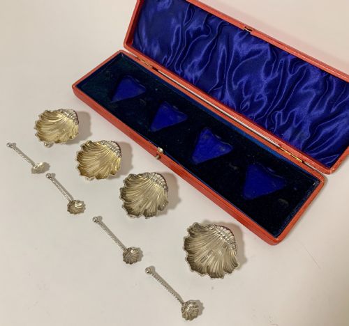 fig 1. Set of 4 Antique Solid Silver Shell Salts and Spoons