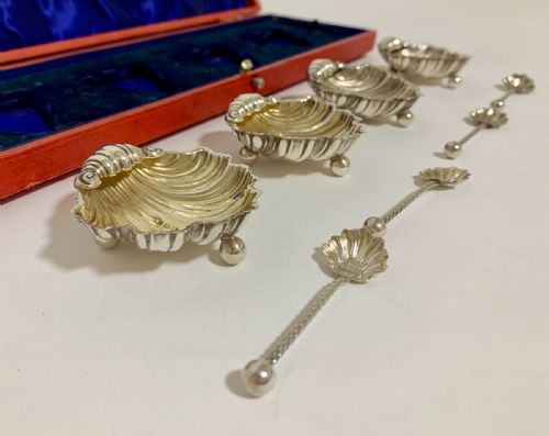 fig 2. Set of 4 Antique Solid Silver Shell Salts and Spoons