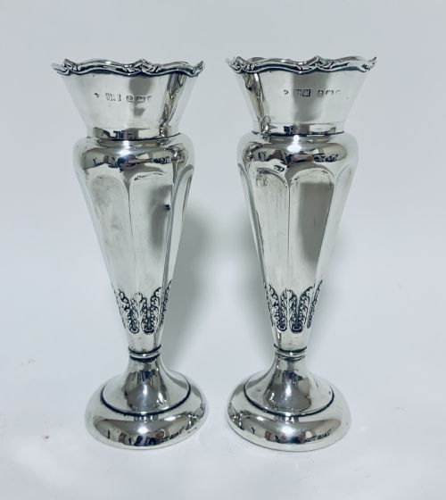 Pair of Antique Sterling Silver Trumpet Shaped Vases