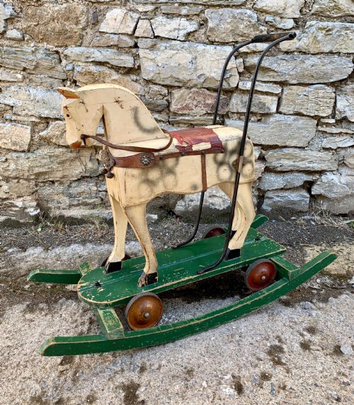 Antique Wooden Push Along Rocking Horse Toy