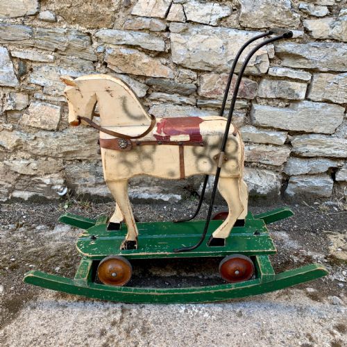fig 1. Antique Wooden Push Along Rocking Horse Toy