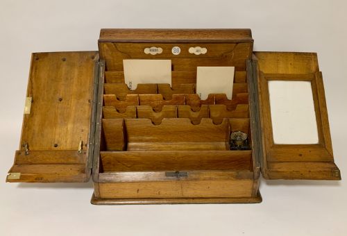 Antique Oak Desktop Stationery Cabinet with Calendar
