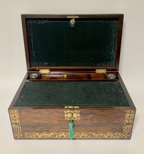 Superb Antique Rosewood Brass Inlaid Writing Slope Box with Double Hinge