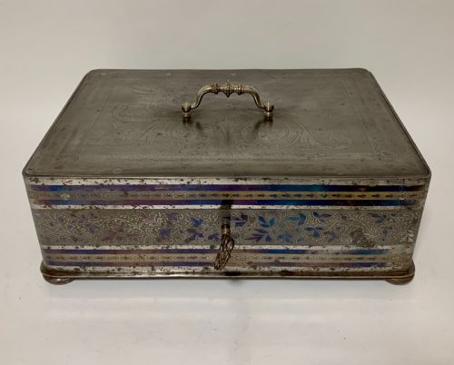 Rare Antique Victorian Etched Steel Strongbox Safe with Key
