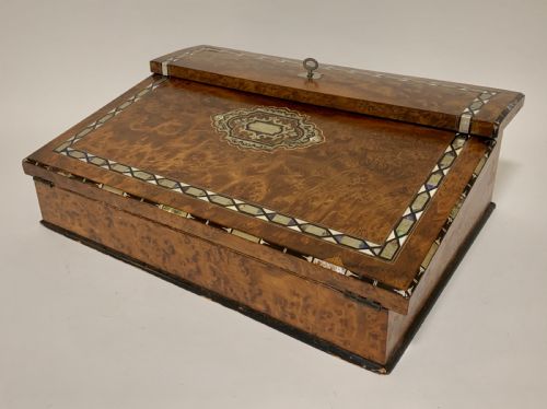 Antique Regency Amboyna Mother of Pearl Inlaid Writing Slope Lap Box