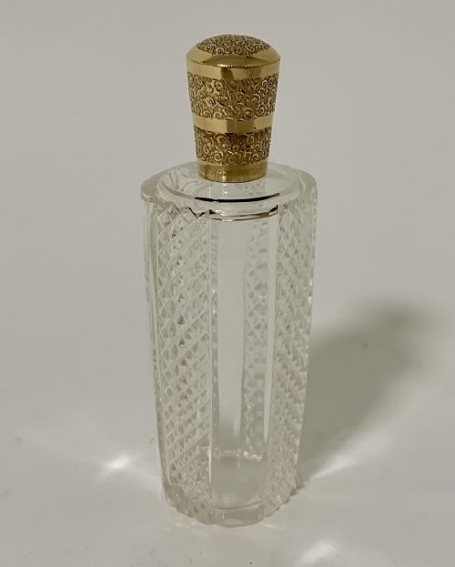 Antique Dutch Cut Glass Scent Bottle with 14k Gold Top