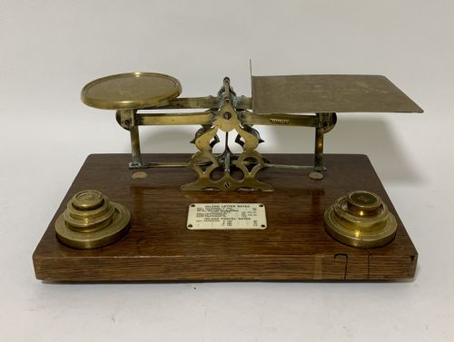 Large Antique Brass Postal Letter Scales with Weights