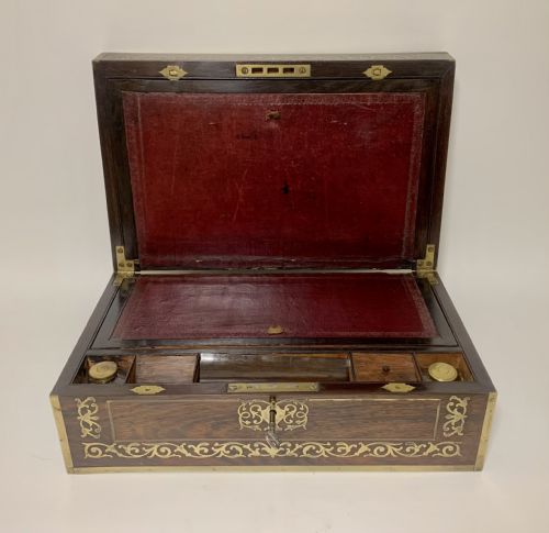 Antique Rosewood Brass Inlaid Writing Slope Box