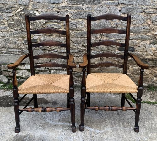 Pair of Rush Seat Ladderback Carver Chairs