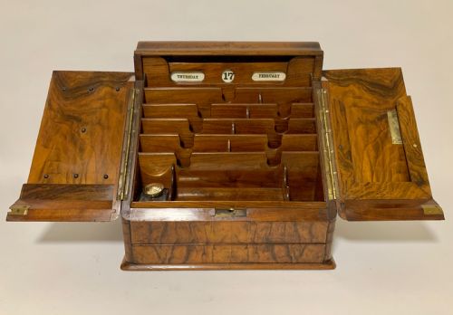 Victorian Burr Walnut Stationery Cabinet with Calendar
