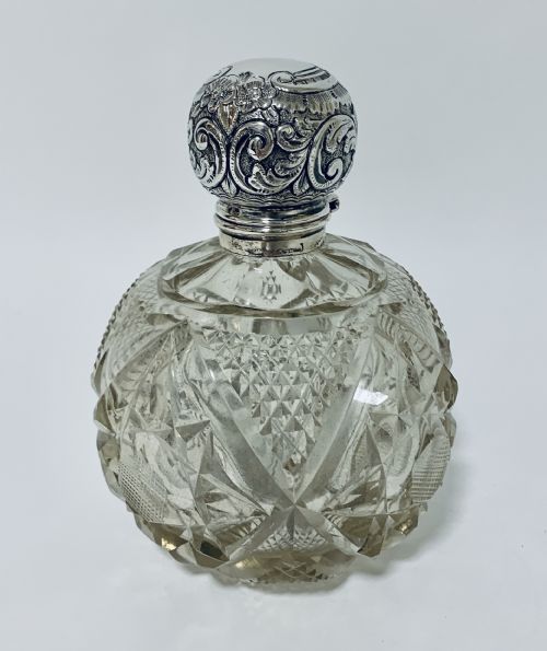 Large Edwardian Cut Glass Silver Scent Bottle