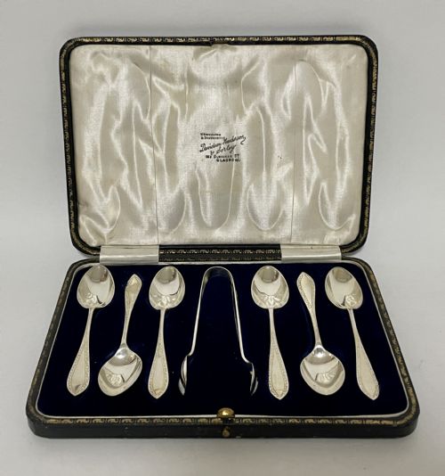Set of Antique Silver Teaspoons and Sugar Tongs in Box