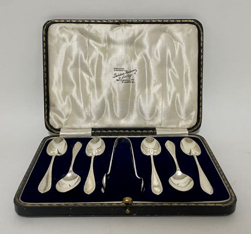 fig 1. Set of Antique Silver Teaspoons and Sugar Tongs in Box
