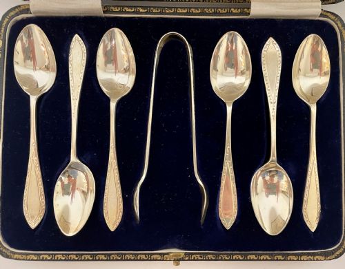 fig 2. Set of Antique Silver Teaspoons and Sugar Tongs in Box