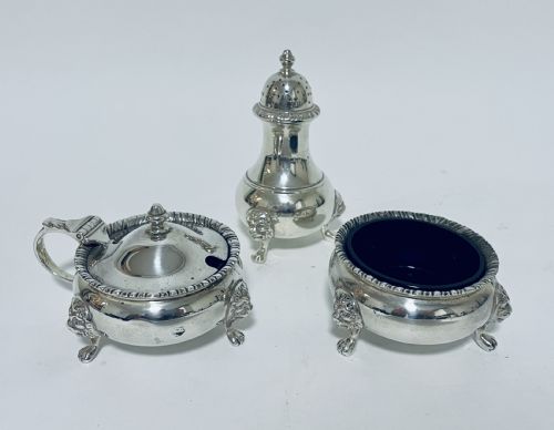 Superb Antique Solid Silver 3 Piece Cruet Set