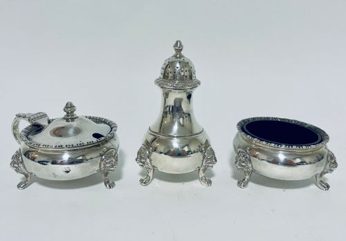 fig 1. Superb Antique Solid Silver 3 Piece Cruet Set